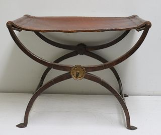 Antique Hand Wrought Iron Bench With Leather Top.