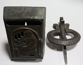 Antique Wrought Iron Knocker & A Metal Mail Box.