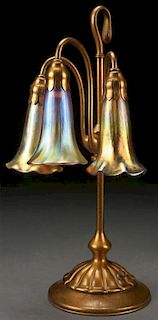 A TIFFANY STUDIOS ETCHED DORE BRONZE LILY LAMP