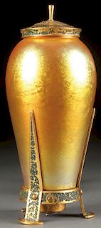 GOLD AURENE ART GLASS AND ETCHED GILT BRONZE PERFUME LAMP