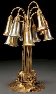 A TIFFANY STUDIOS ETCHED GILT BRONZE LILY LAMP