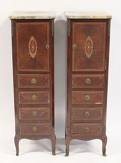 An Antique Pair Of Tall Inlaid, Banded & Marbletop