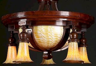 A FINE QUEZAL ART GLASS HANGING LAMP