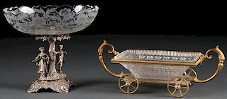 A GERMAN ETCHED CRYSTAL & FIGURAL SILVER COMPOTE