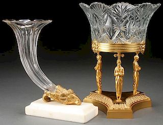 A FRENCH CUT GLASS TRUMPET VASE AND COMPOTE