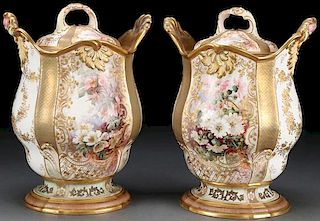 GILT  AND FLORAL DECORATED COVERED URNS