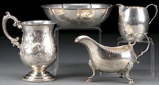 A FOUR PIECE AMERICAN AND ENGLISH SILVER GROUP