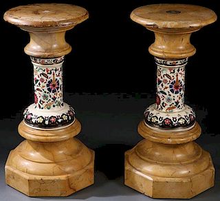A PAIR OF ITALIAN SIENNA MARBLE AND FAIENCE POTTE