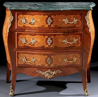 AN ITALIANATE MARBLE TOP MARQUETRY COMMODE
