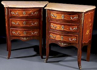 A PAIR OF ITALIANATE MARQUETRY BRONZE AND MARBLE
