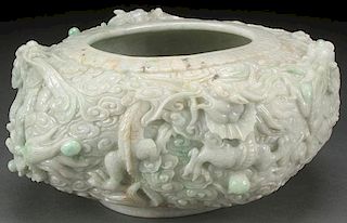 A FINE CHINESE CARVED “DRAGONS” JADEITE WATER