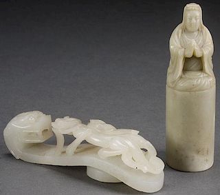 A CHINESE CARVED JADE BELT HOOK AND FIGURAL SEAL