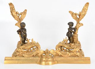 Pair of French Gilt Bronze Chenets and Fender