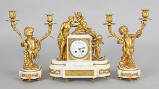 French Gilt Bronze and Marble Clock Garniture