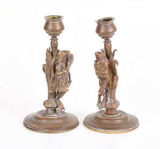 Pair of Figural Frog Bronze Candlesticks