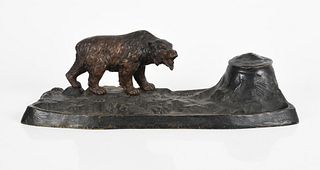 Patinated Bronze Figural Inkstand with Bear