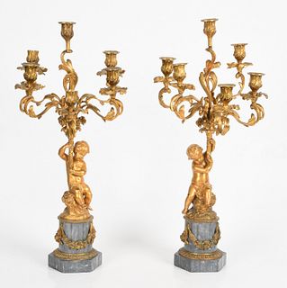 Pair of French Gilt Bronze and Marble Candelabra
