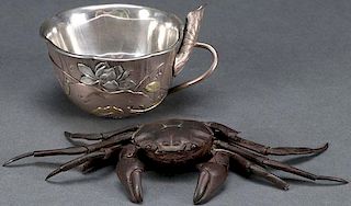 AN EARLY JAPANESE IRON CRAB AND MIXED METAL CUP