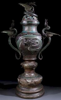 A MONUMENTAL CHINESE CLOISONNÉ BRONZE TEMPLE URN