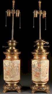 A FINE PAIR OF JAPANESE SATSUMA MOUNTED OIL LAMPS
