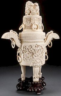 A LARGE CHINESE CARVED IVORY TRIPOD CENSER