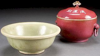 A CHINESE CELADON BOWL AND PEACH BLOOM COVERED