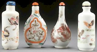 FOUR CHINESE FAMILLE ROSE PORCELAIN SNUFF BOTTLES