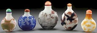 FIVE FINE CHINESE CAMEO GLASS SNUFF BOTTLES, 19TH