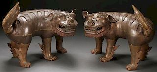A LARGE PAIR OF CHINESE BRONZE FOO DOGS, 20TH C
