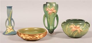 Four Pieces of  Zephyr Lily Roseville Art Pottery.