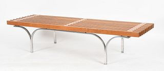 Mid Century Style Slatted Walnut and Chrome Bench