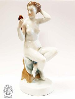 NUDE & MIRROR, A HEREND HAND-PAINTED PORCELAIN FIGURINE