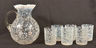 Opalescent Glass Spanish Lace 7 Piece Water Set.
