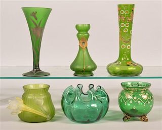 Six Various Pieces of Green Victorian Art Glass.