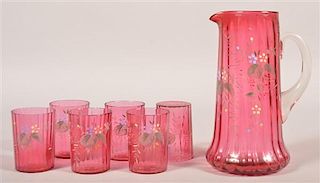 Cranberry Art Glass 7 Piece Water Set.