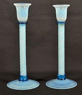Pair of Fry Blue Opalescent Art Glass Candlesticks.
