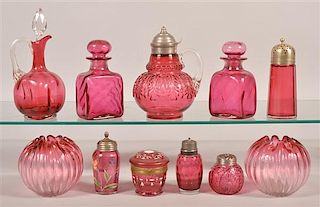 11 Various Pieces of Cranberry Victorian Art Glass.