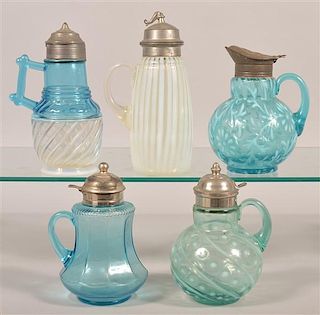 5 Various Opalescent and Pattern Glass Syrup Jugs.
