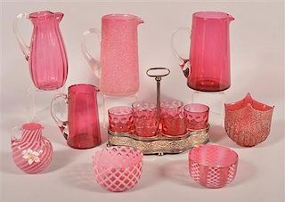 14 Various Pieces of Cranberry Victorian Art Glass.