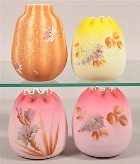 Four Enamel Decorated Overlay Glass Rose Bowls/Vases.