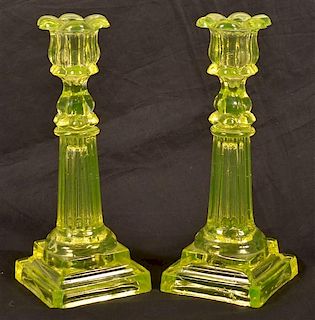 Pair of 19th Century Canary Yellow Candlesticks.