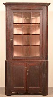 American Federal Cherry Two Part Corner Cupboard.
