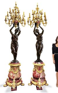 A Pair of Monumental French Bronze/Rouge Marble Torchiere Lamps