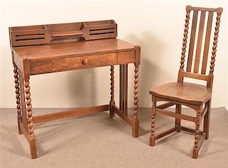 Arts & Crafts Period Quarter Sawn Oak Desk and Chair.