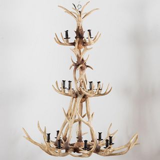 Large Faux Antler and Ebonized Metal Sixteen-Light Chandelier