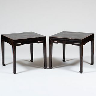 Pair of Chinese Black Lacquer Wood Square Side Tables