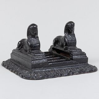 Regency Black-Painted Cast Iron Boot Scrape with Twin Sphinx Heads