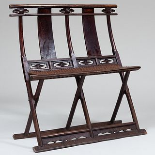 Chinese Painted Hardwood and Woven Reed Folding Double-Chair-Back Bench