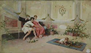 CASSIOLI, Amos. Oil on Silk. "The Doting Parents".