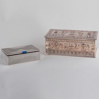 George V Cartier Lapis Mounted Sterling Silver Cigarette Box and a Continental Silver Plate Table Box